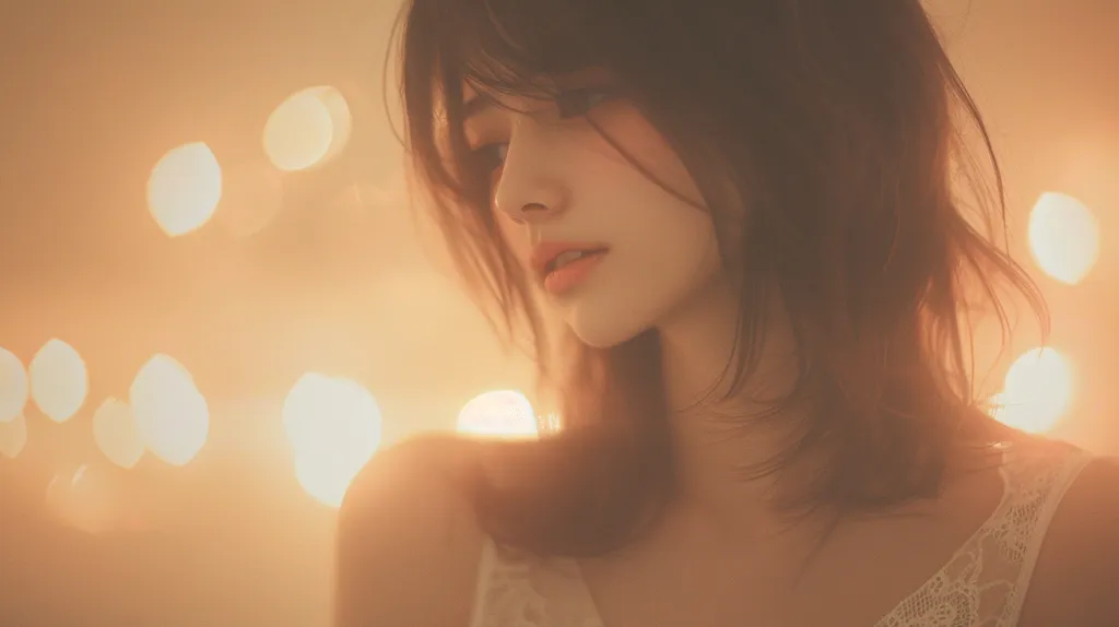 The image is a close-up portrait of a young woman with long dark hair. She is looking down with a thoughtful expression. The background is blurred and warm, with out-of-focus lights creating a soft glow. The woman is wearing a white lace top, and her skin appears smooth and delicate.  The image has a dreamy and ethereal quality.