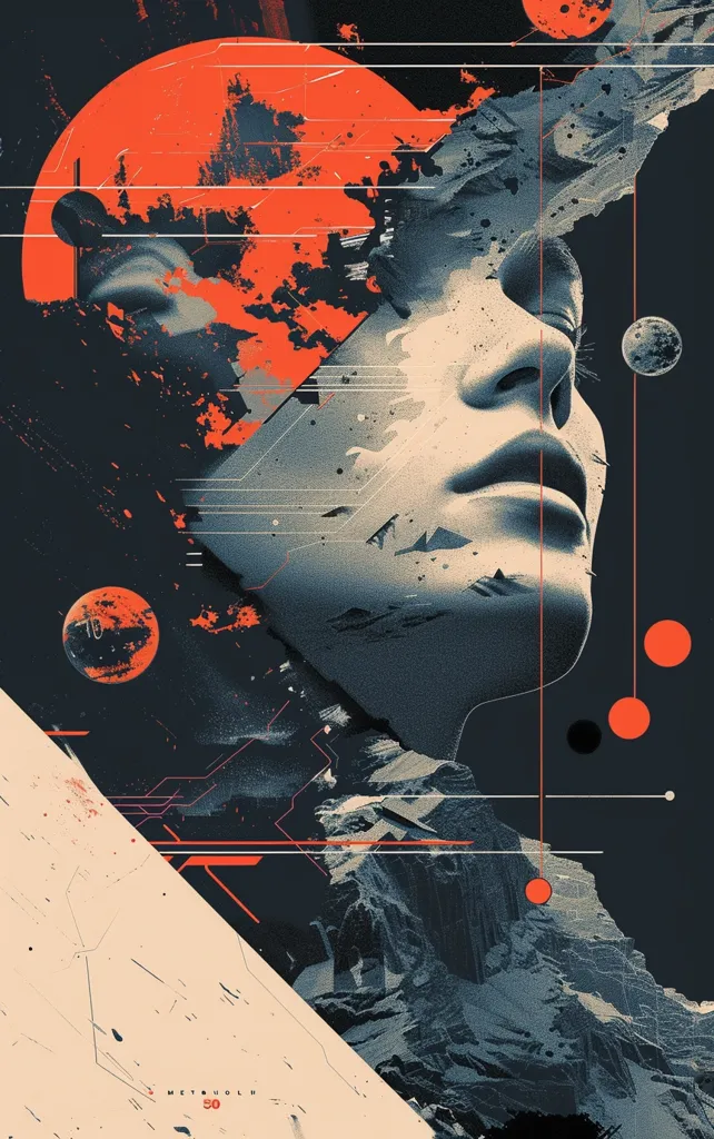 The image is a digital art piece with an abstract style.  A close-up of a person's face is partially obscured by a red, orange, and black background.  There are several red circles and other geometric shapes on the background, and the face is rendered in a gritty, textured style.  It's a mix of realistic and abstract elements that creates a visually compelling image.