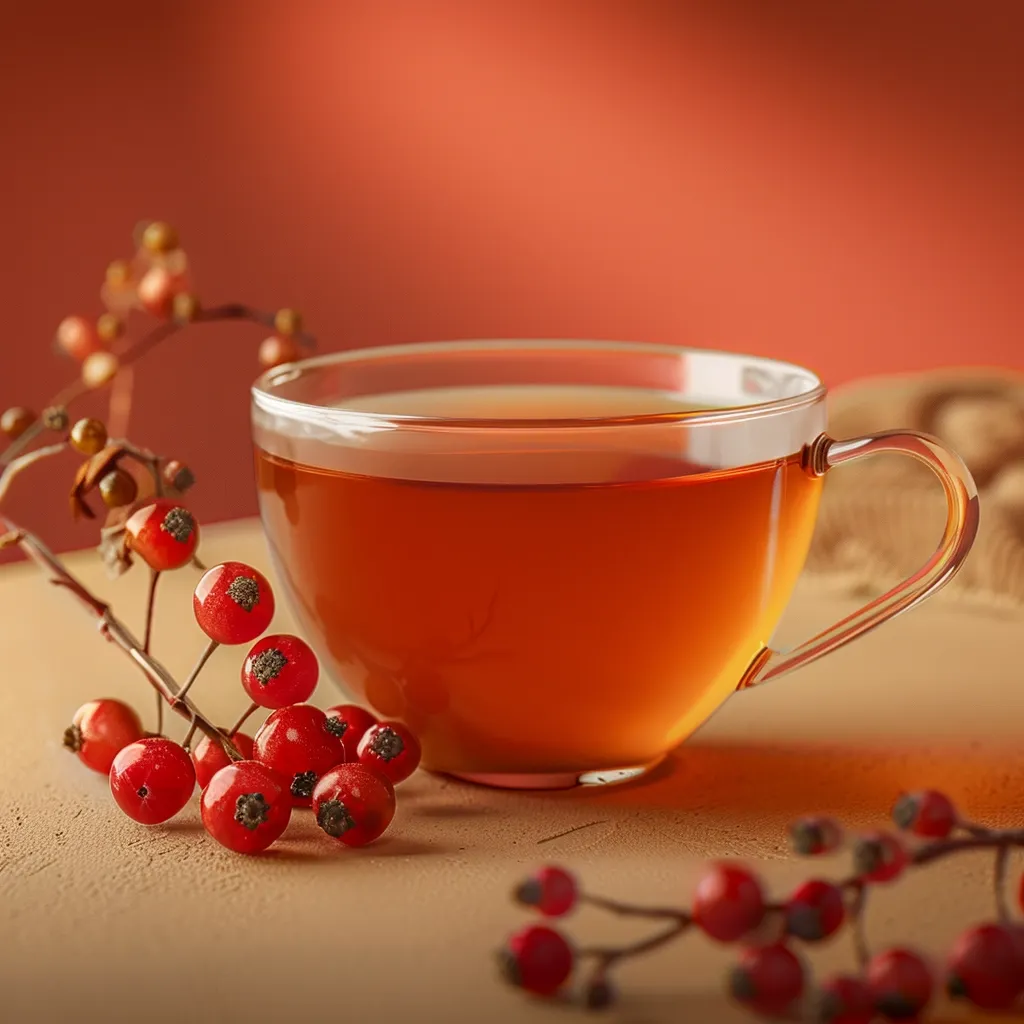 A clear glass teacup filled with amber-colored tea sits on a rustic surface. A sprig of red berries with green stems lays beside it. The background is a warm, blurred orange, creating a cozy and inviting atmosphere.  The scene evokes a sense of comfort and tranquility, ideal for a relaxing moment with a warm beverage.