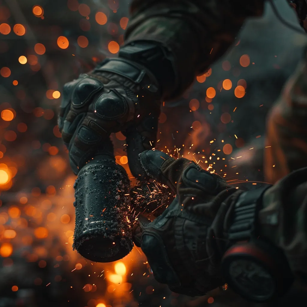 A close-up shot of a person wearing black gloves and holding a black object, possibly a grenade, with sparks flying around it. The background is out of focus and filled with warm, orange bokeh lights. The image conveys a sense of danger and intensity.