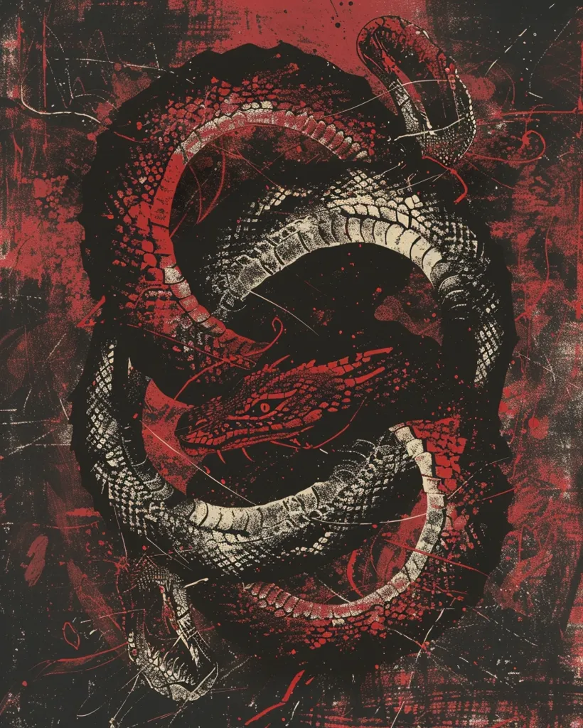 The image shows a close-up of two intertwined snakes. The snakes are in a dark and ominous setting with a background of splattered red paint. The snakes are depicted in a stylized and abstract manner with a focus on their scales and patterns. The image evokes a sense of danger and mystery.