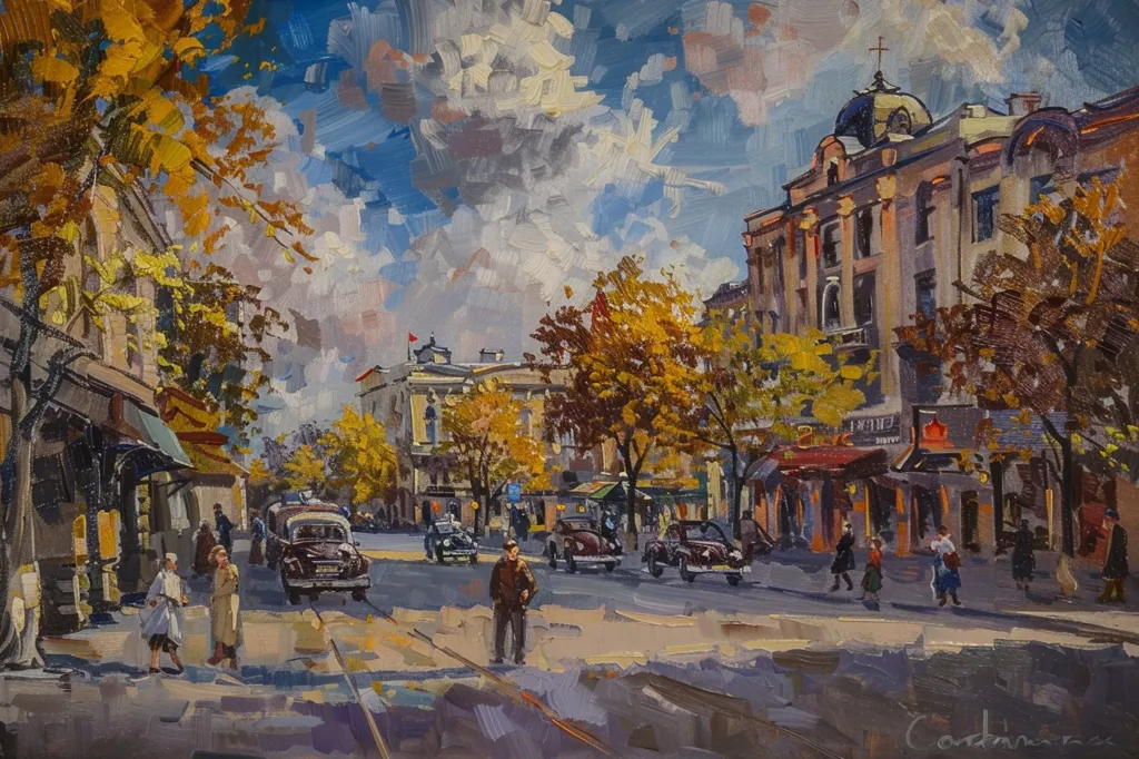 The painting depicts a bustling city street scene.  The street is lined with tall buildings, including a grand building with a dome. The buildings are adorned with ornate details and the sidewalks are bustling with people. Cars and pedestrians alike are moving along the street.  The sky is a bright blue with puffy white clouds.  The scene is painted in a loose, impressionistic style with vibrant colors.  The overall feeling of the painting is one of urban life and movement.
