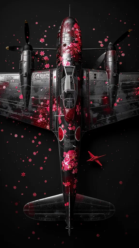 A black and silver fighter plane with red cherry blossom accents is pictured against a black background. The plane is shown from a top-down perspective, and the image is filled with cherry blossom petals. A small, red, paper airplane hangs beneath the plane.  The image has a minimalist aesthetic, with only a few colors and elements present.