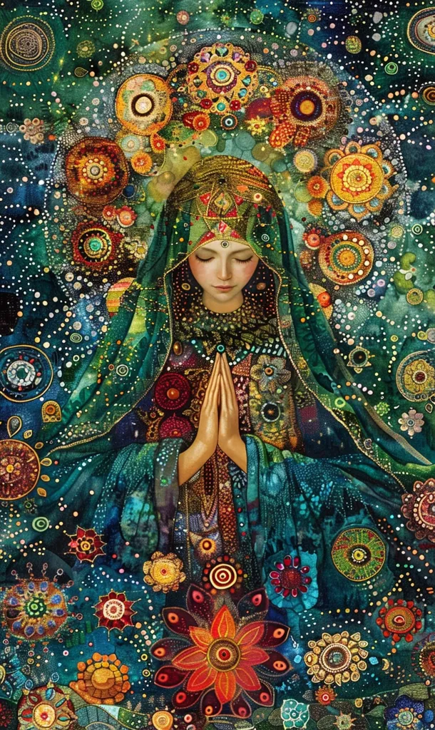 The image depicts a woman in a turquoise robe adorned with intricate beadwork and embroidery.  Her eyes are closed and she is holding her hands in a prayer position. Surrounding her are swirling patterns of colorful flowers, leaves, and abstract shapes that give the image a mystical and spiritual feel.  The background is a deep green, creating a sense of peace and tranquility. The use of vibrant colors and intricate details suggest a focus on beauty and the sacred.