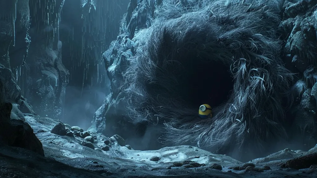 A small, yellow minion sits at the mouth of a dark cave, hidden in a thick, furry growth. The cave is surrounded by frozen, blue-tinged rocks and icicles. A faint light illuminates the scene, creating an eerie and mysterious atmosphere. The image evokes a sense of wonder and adventure.