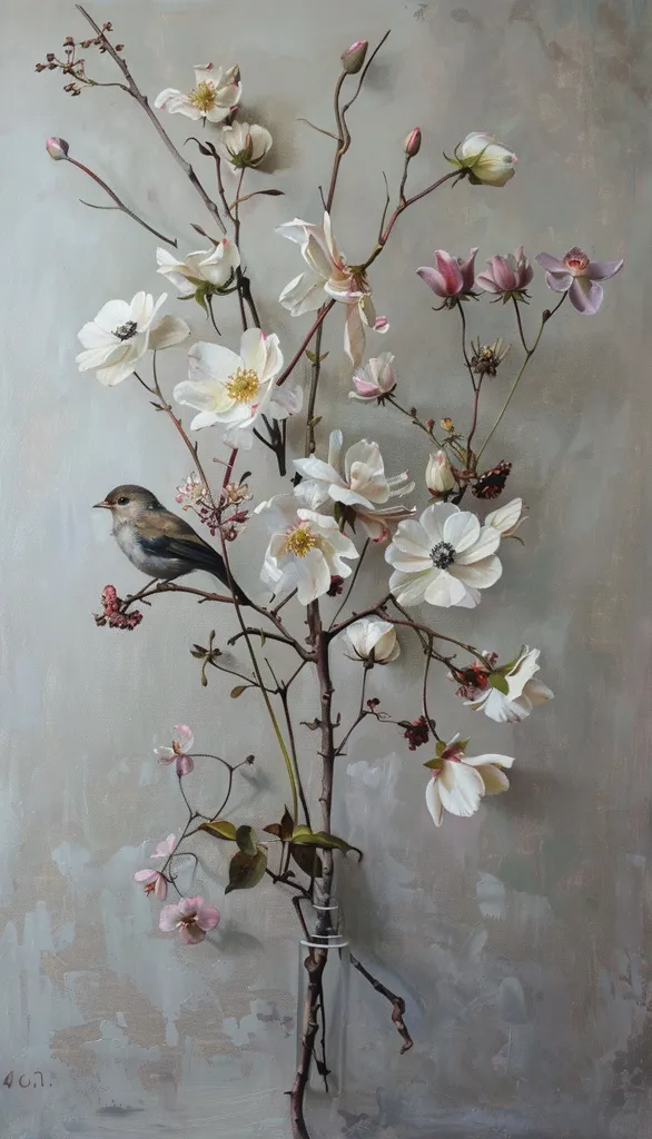 A delicate arrangement of white and pink blossoms fills a clear glass vase. A small brown bird perches on a branch, its head turned toward the viewer. The branches are bare except for the flowers, creating a sense of fragility and beauty. The background is a soft, muted gray. The overall tone of the painting is serene and understated.