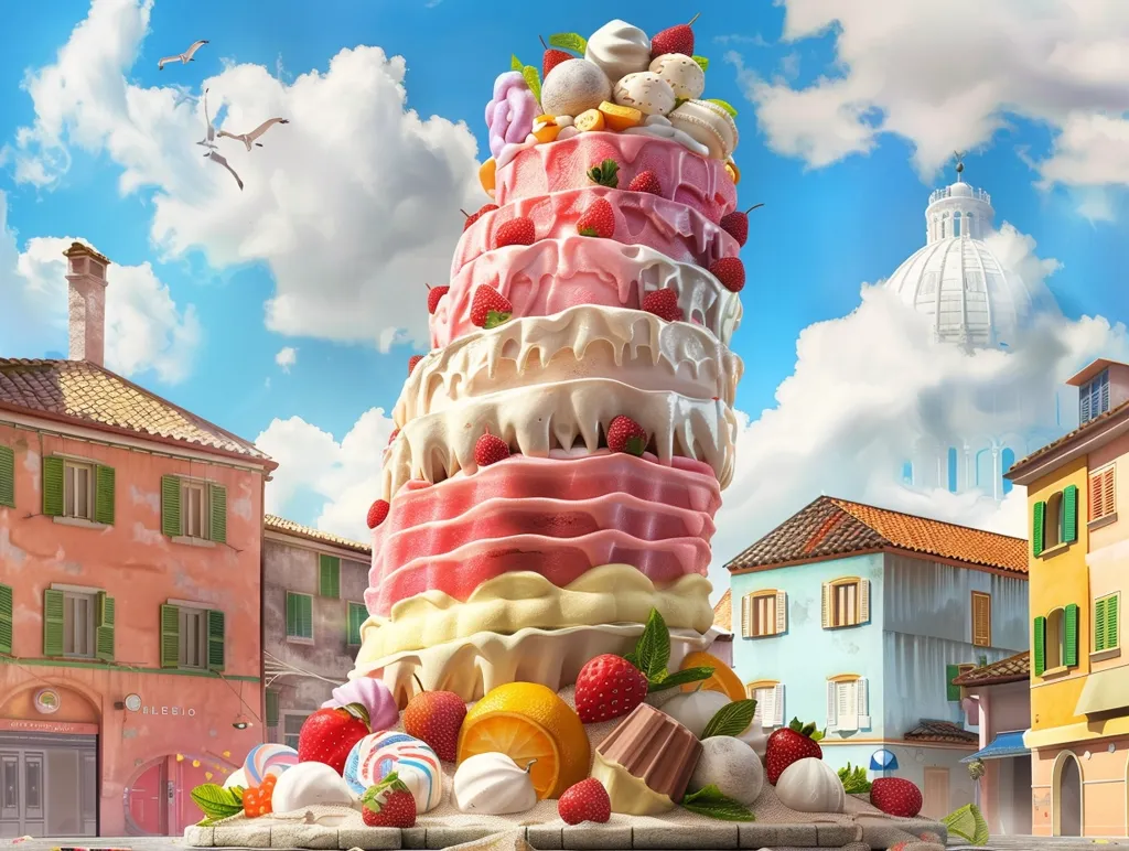 A giant, multi-layered cake towers over a quaint, colorful Italian town. The cake is adorned with strawberries, whipped cream, and other sweet treats. The sky above is blue and fluffy, with seagulls soaring through the clouds. The town's buildings are painted in pastel shades of pink, blue, and yellow, adding to the whimsical scene.