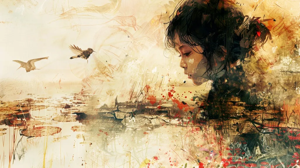 The image is a stylized abstract painting with a focus on a young woman with long dark hair. She is looking down and her face is partially obscured by her hair. The background is a blend of warm colors with water, land, and birds. Red splotches appear in the foreground and midground, possibly representing blood or a sense of urgency. The overall mood is melancholic and introspective, emphasizing the woman's solitary state.