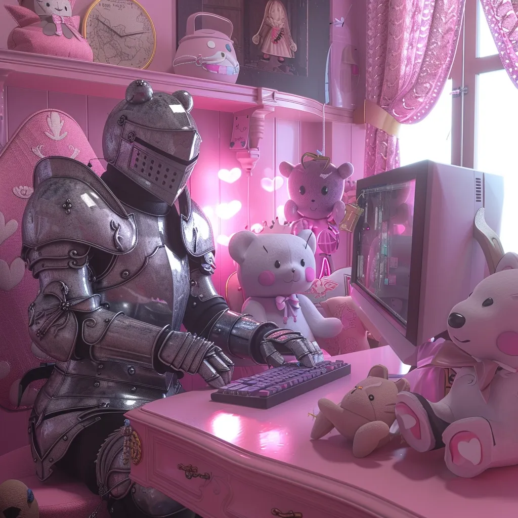 A knight in full armor sits at a pink desk, using a computer keyboard.  He is surrounded by fluffy toys and pink accents, creating a humorous juxtaposition of  medieval chivalry and modern technology. The room is decorated in a whimsical, feminine style with pink walls and curtains. The knight's stern expression contrasts with the playful, innocent atmosphere of the room.  A large computer monitor rests on the desk, suggesting a serious gaming session.  The overall image is a playful and creative commentary on the fusion of traditional and modern themes.