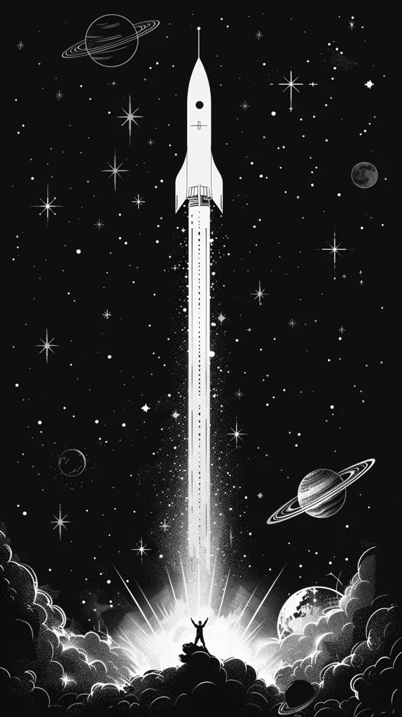 A black and white illustration depicting a rocket launching into space. The rocket is leaving a trail of smoke and light, and there are stars and planets in the background. The silhouette of a person stands at the bottom of the image, looking up at the rocket. The scene evokes a sense of awe and wonder at the vastness of space and the possibility of exploration.