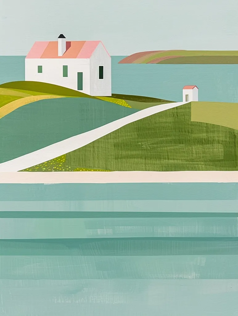 The image is a stylized landscape with a white house with a pink roof on a green hill. A white path leads to the house from a smaller hill. Behind the house is a body of water, and beyond that is a strip of land. The water is layered in horizontal blue-green stripes. The image has a simple, minimalist aesthetic.