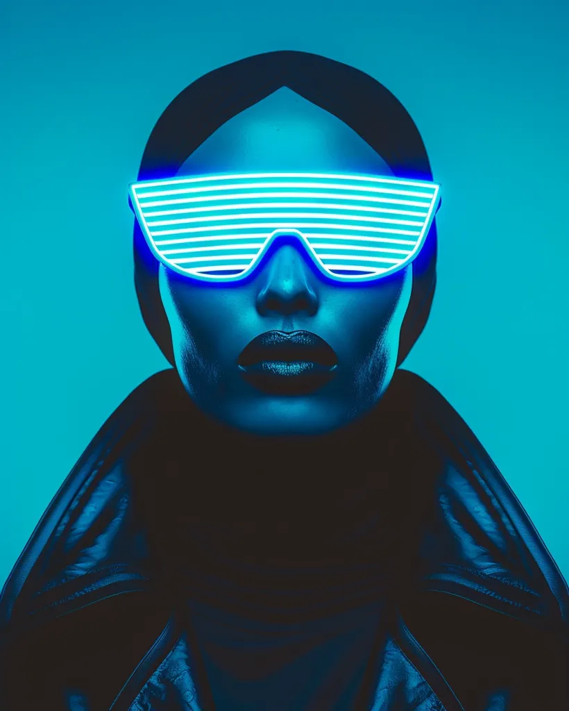 The image depicts a woman wearing a black leather jacket and futuristic neon blue glasses. The background is a solid blue color, creating a stark contrast with the woman's outfit. The woman's face is mostly obscured by the glasses, but her lips are visible and painted a dark color. The image has a cyberpunk aesthetic and evokes a sense of mystery and intrigue.