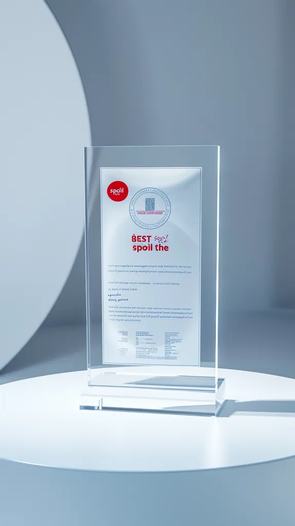 A glass award plaque stands on a white circular pedestal. The plaque features a red seal with the inscription "Spoil Fox," and the text "BEST spoil the..."  The text on the award is in a modern, sans-serif font and is mostly in the Latvian language. The plaque's surface is reflective, reflecting the surrounding environment. The background is a light gray wall.  The image emphasizes the simplicity and elegance of the award.