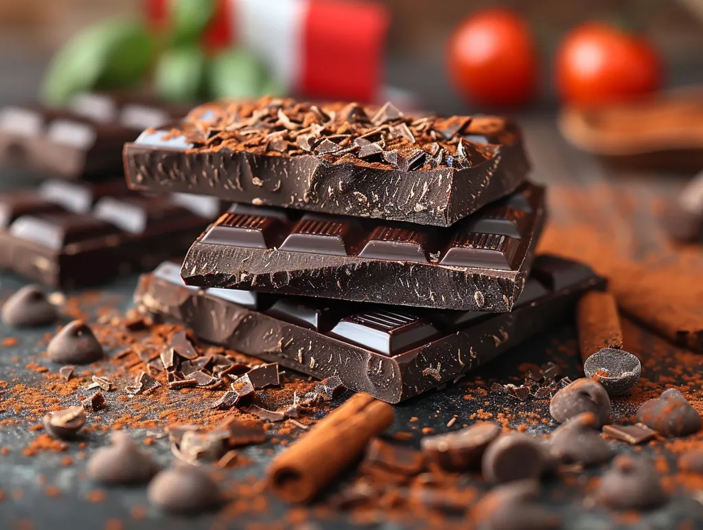 A stack of four dark chocolate bars, broken into pieces, are arranged on a dark surface surrounded by cocoa powder, chocolate chips, and a cinnamon stick. The bars are dusted with cocoa powder and have a rich, dark brown hue. The scene exudes a sense of indulgence and sweetness.
