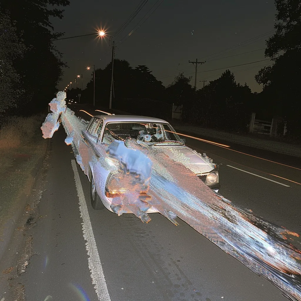 A white car is driving down a dark road at night. The car is blurry and streaky, as if it is moving very fast. There are trees on either side of the road, and streetlights illuminate the scene. The sky is dark and starry. The image has a dreamy, ethereal feel.