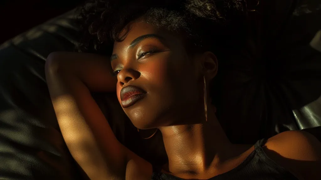 A young woman with dark skin and long black hair lies on a leather couch, her face bathed in soft sunlight. Her eyes are closed, and she wears a black tank top. Her lips are painted a deep red, and she wears a long gold earring in her ear. The image is shot in a low-key style, with deep shadows and highlights that accentuate her features. The overall mood is one of serenity and beauty.