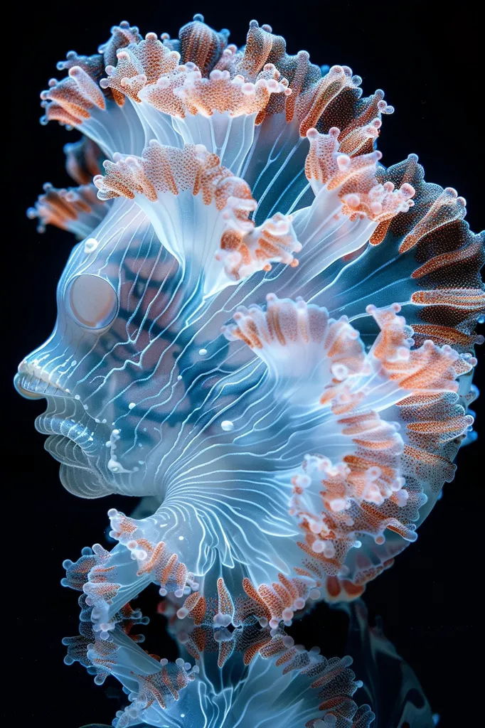 A translucent jellyfish with a delicate, intricate structure. It has a bell-shaped body with long, flowing tentacles and a distinctive, almost human-like face with a large eye. The tentacles are adorned with small, delicate orange and pink appendages, contrasting with the ethereal blue of the jellyfish's body. It's a mesmerizing display of nature's artistry, captured in a striking image.
