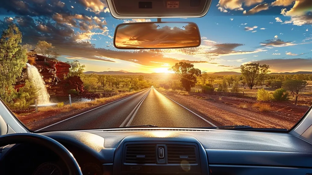 The image shows a view from inside a car, driving down a long, straight road. The sun is setting, casting a warm glow over the landscape, which is a mix of dry, brown land with some scattered trees. A waterfall can be seen through the driver's side window, adding a touch of nature's beauty to the scene. The overall feeling of the image is one of peace, tranquility, and the freedom of the open road.
