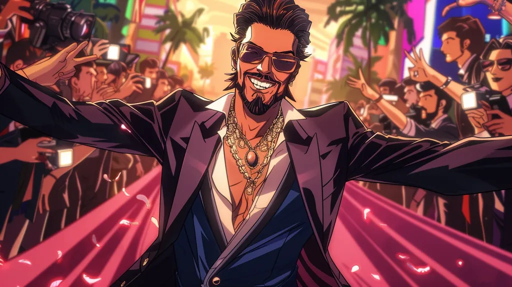 A man in a black suit and sunglasses smiles as he walks down a red carpet, surrounded by paparazzi snapping photos and holding out microphones. He is wearing a gold necklace and has a confident and arrogant expression.  The background is blurred, focusing attention on the man as the star of the event. The image is drawn in a comic book style, with bright colors and dramatic lines.  It evokes a sense of celebrity and excitement.