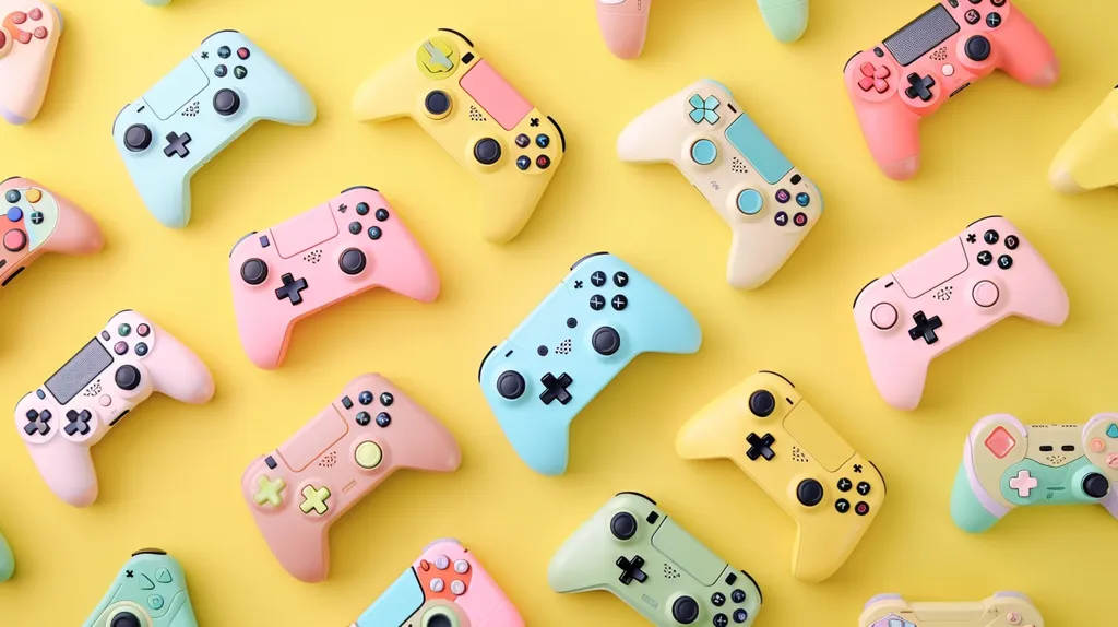 A bright yellow background is covered in colorful video game controllers in various pastel colors, including light blue, pink, and yellow. They are arranged in a random, scattered pattern, suggesting a playful and fun atmosphere. Some controllers are facing forward, while others are angled, adding to the visual interest of the image.