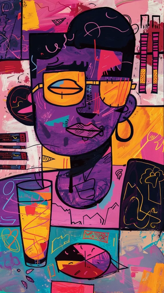 The image is a colorful abstract portrait of a person wearing sunglasses. The person's face is purple and their eyes are outlined in yellow and blue. They are holding a glass of orange juice and there are several other abstract shapes and lines surrounding them. The background is a vibrant mix of pink, yellow, blue, and green. The painting has a bold and playful style.  The artist used bright colors and thick lines to create a dynamic and energetic composition.