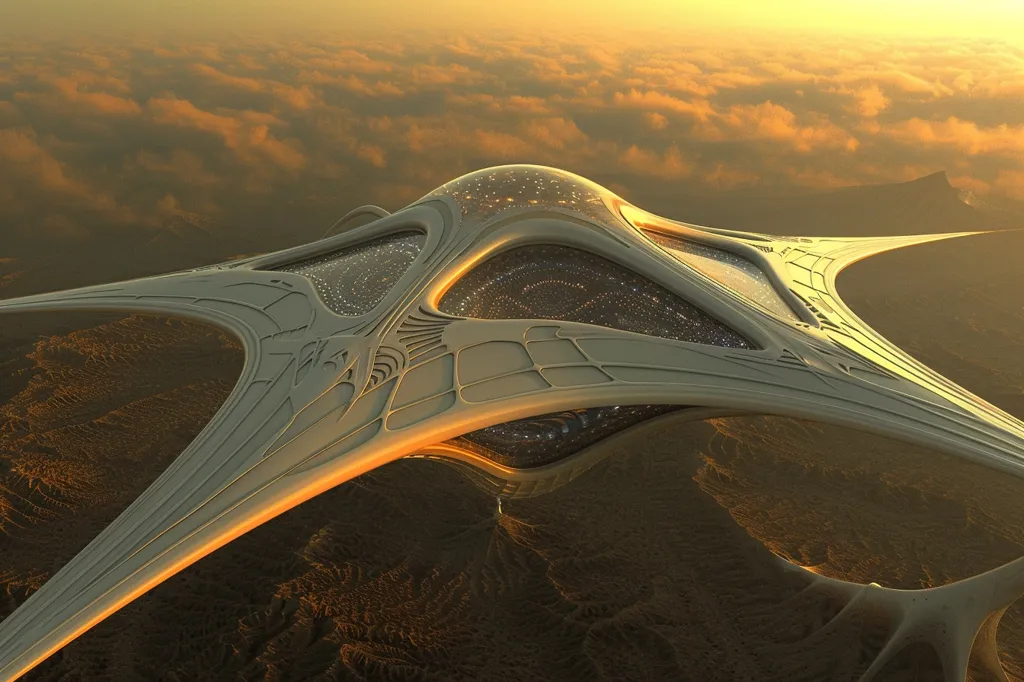 A large, futuristic, white spaceship with intricate, curved designs, hovers over a brown, rocky landscape. It has a domed, transparent center that is filled with glowing lights.  The ship's wings extend outwards, almost touching the ground.  The sky is a warm orange, with wispy clouds.  The scene suggests an alien world and a sense of wonder and exploration.