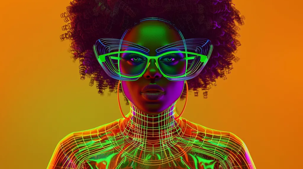 A woman with dark curly hair and neon green glasses looks directly at the camera against an orange background. The image is in a futuristic style, with a wireframe effect on the woman's clothing and body. The vibrant colors and geometric patterns create a sense of energy and dynamism.