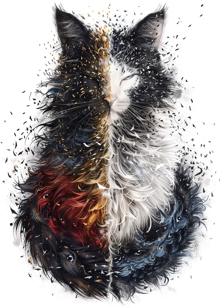 The image is a stylized depiction of a cat. The cat's fur is depicted as a swirling mixture of black, white, gold, red, and blue. The cat's face is partially obscured by the fur, but its closed eye is visible. The image appears to be a digital painting, and it has a surreal and dreamlike quality. The cat's fur appears to be dissolving into a flurry of tiny shapes and colors, suggesting a sense of movement and transformation. The overall effect is one of beauty, mystery, and wonder.