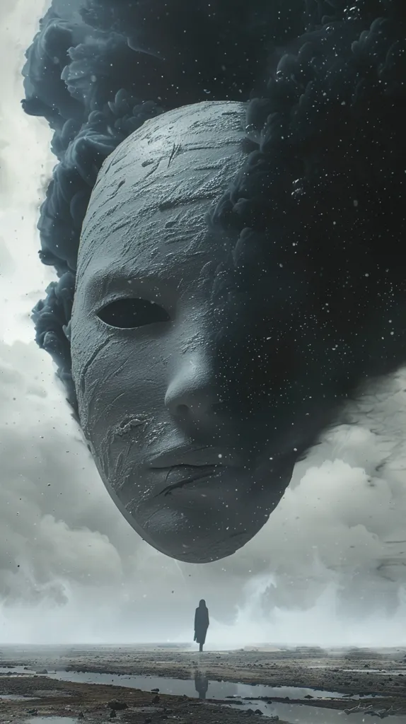 A large, ominous, white face with deep set eyes hovers over a desolate landscape. A lone figure walks across the barren ground, looking small and insignificant compared to the looming face. The clouds are dark and stormy, adding to the sense of unease and foreboding.