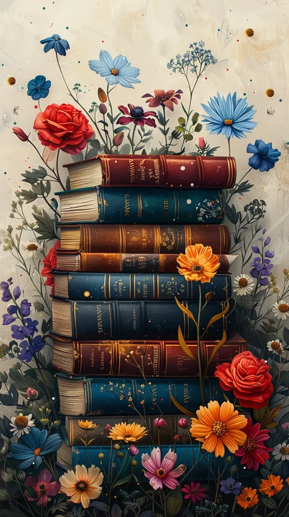 A stack of old, worn books are surrounded by a vibrant array of blooming flowers in various colors, including red, blue, yellow, and pink. The books have ornate spines and are arranged neatly, creating a sense of order amidst the wild beauty of the floral display. The background is a soft beige with a subtle pattern of specks, suggesting a vintage or antique feel. The overall impression is one of  beauty and tranquility, highlighting the juxtaposition of knowledge and nature.