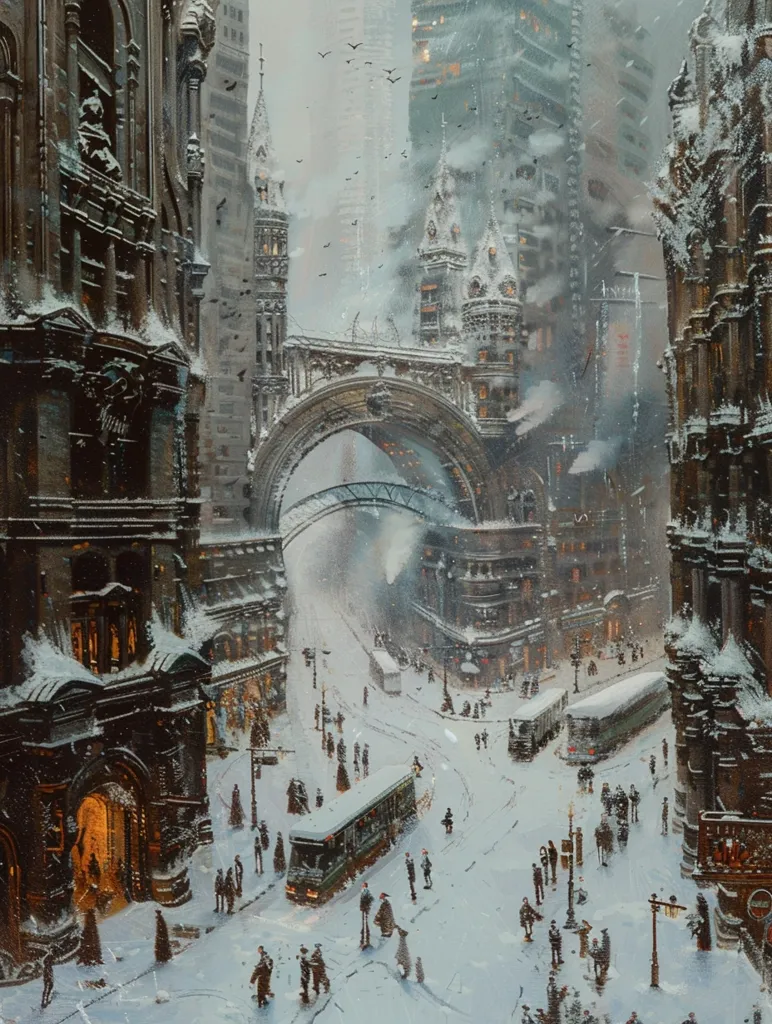 The image depicts a snowy cityscape with tall buildings and a large archway. The buildings are covered in snow and adorned with intricate details, creating a sense of grandeur and age. The street below is bustling with activity, as people walk and ride on horse-drawn carriages. The scene is framed by the tall buildings on either side, and the snow-covered ground adds a layer of tranquility to the bustling city. The overall impression is one of a magical and historical place.