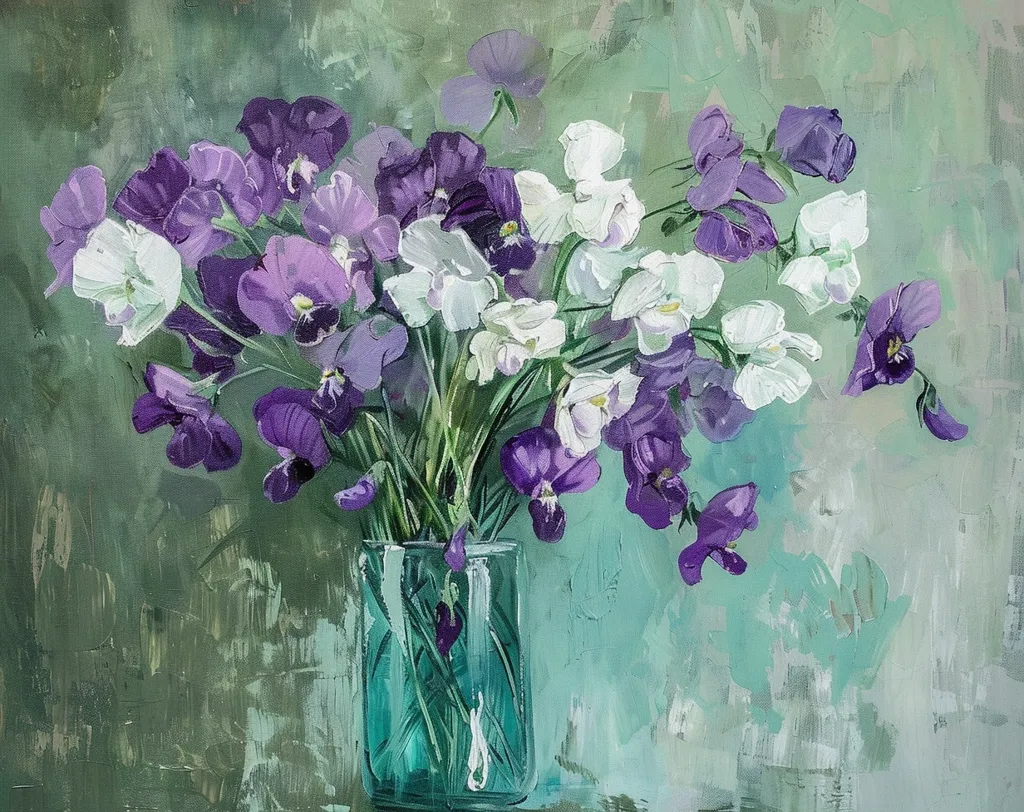 A vibrant oil painting depicts a bouquet of purple and white flowers in a blue vase. The flowers, possibly sweet peas or pansies, are arranged with an abundance of purple blooms, some with white accents. The background is a soft, textured green, adding depth and a sense of organic beauty to the composition. The painting exudes a sense of springtime joy and the beauty of nature.