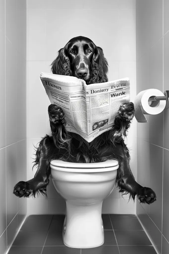 A black dog sits on a white toilet with its paws resting on the rim. The dog is reading a newspaper, holding it with its paws. The dog's head is facing the camera with a serious expression. The image is black and white, giving it a humorous and surreal tone.  The dog's actions are unconventional and create a comedic effect.