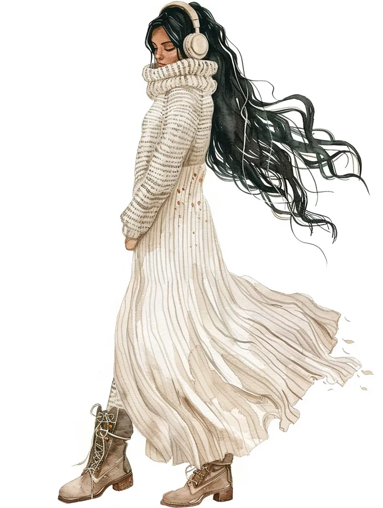 A woman with long black hair and wearing a white cable knit sweater dress and brown boots, listens to music on headphones as she walks. The wind blows through her hair and the hem of her dress, creating a sense of movement. The artwork is painted in a watercolor style.