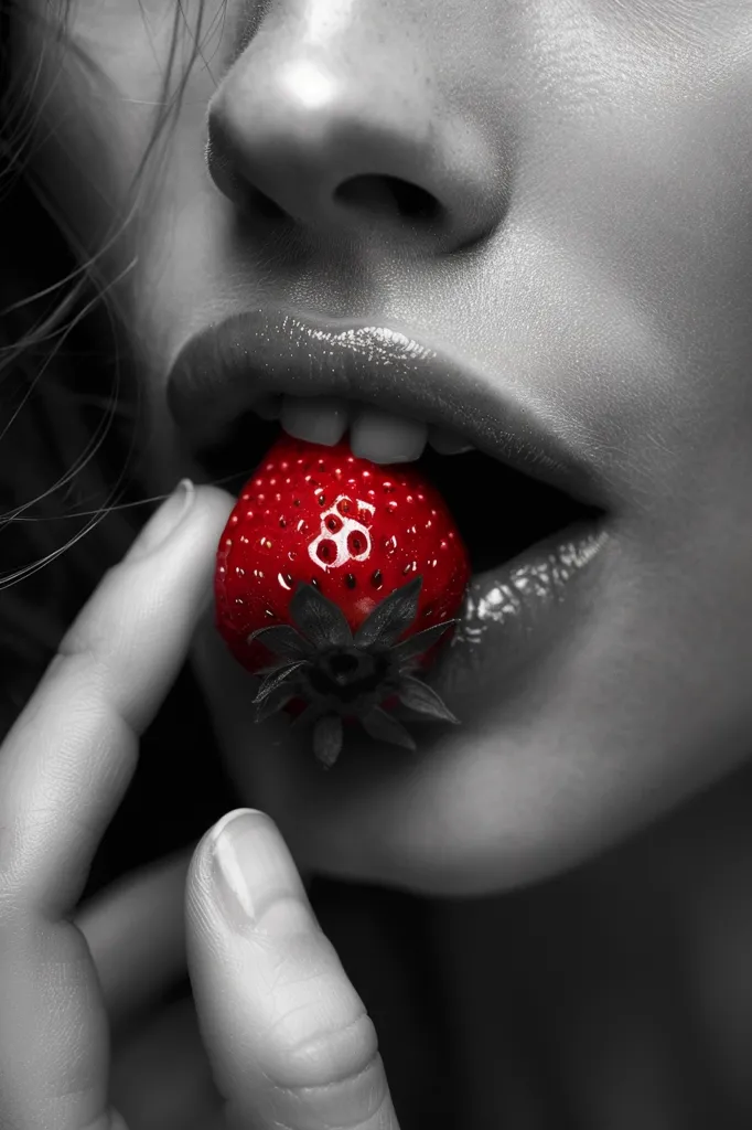 A close-up, black and white image of a woman's mouth with a single red strawberry in it. Her lips are slightly parted, and her tongue is visible.  Her finger is resting on her cheek, and her hair is visible in the background. The image is stark and sensual.  The red of the strawberry contrasts sharply with the black and white of the rest of the image.  This image is an artistic depiction of sensuality and temptation.
