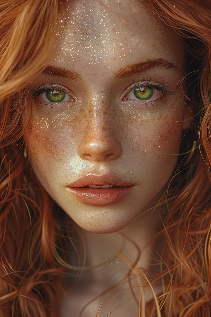The image shows a close-up of a woman's face. Her hair is a fiery red, and her eyes are a vibrant green. Her skin is lightly freckled and shimmering with golden dust. Her lips are slightly parted, as if she is about to speak. The image is soft and ethereal, capturing the beauty of a woman's natural features.