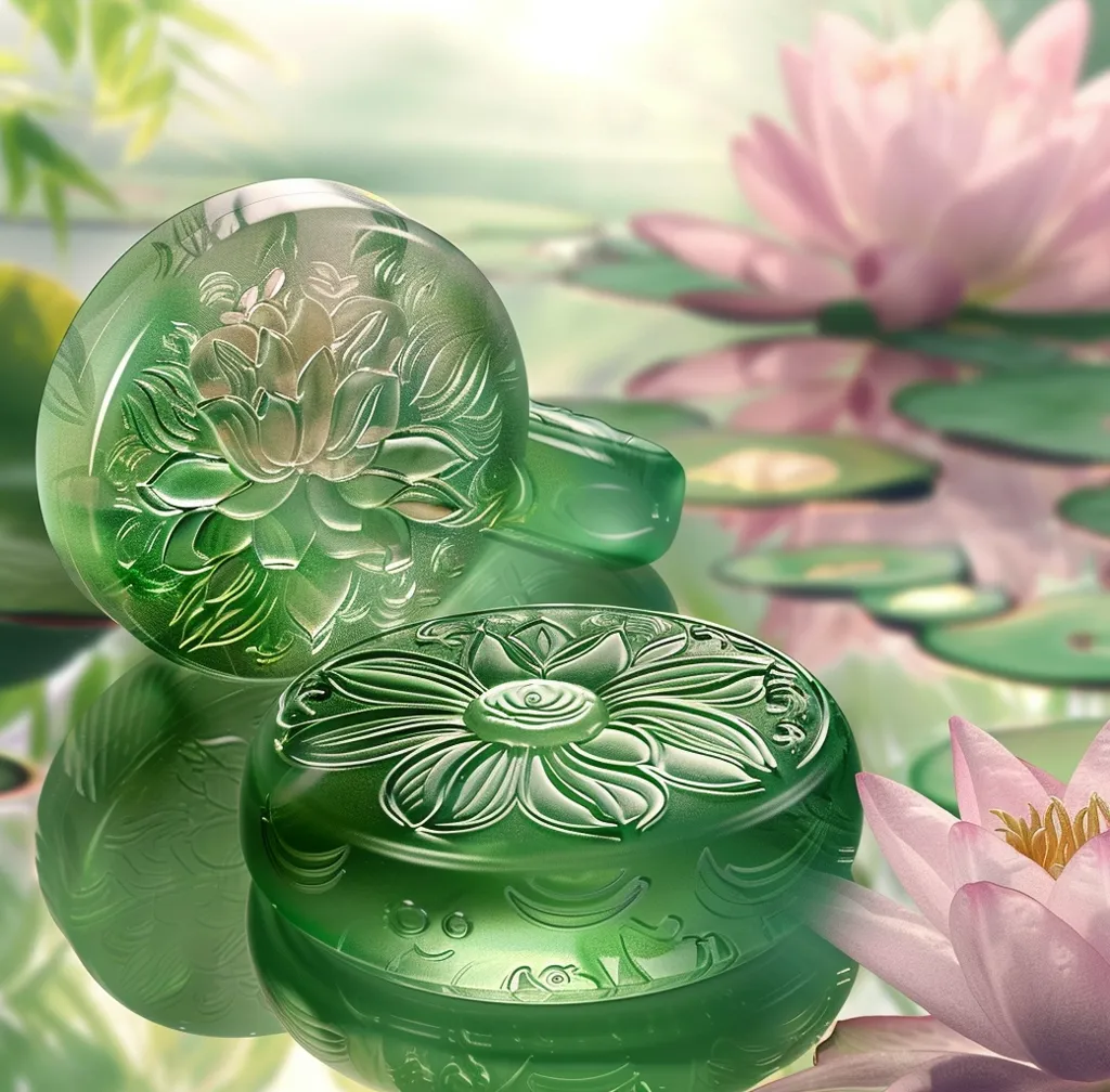 Two green, intricately carved glass containers, shaped like lotus flowers, sit on a bed of lily pads. The containers have a delicate, translucent quality. In the background, a pink water lily blooms, adding a touch of color and softness to the scene. The image evokes a sense of peace and tranquility, reminiscent of a serene water garden.