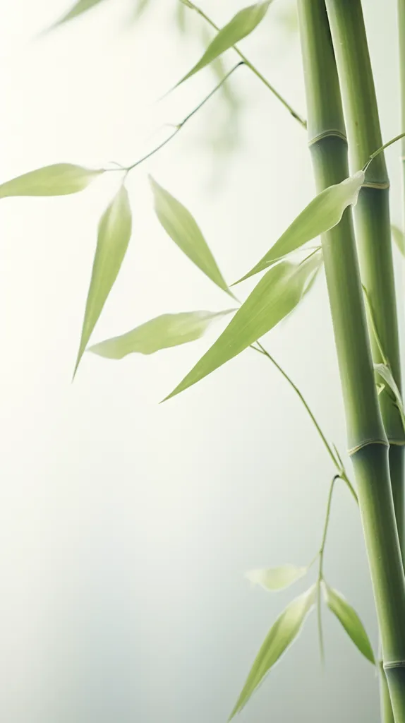 The image shows a close-up of a bamboo stalk with delicate green leaves reaching out from it. The bamboo is smooth and green, and the leaves are soft and delicate. The background is a blurry white, creating a sense of calm and serenity. The image evokes a feeling of peace and tranquility.