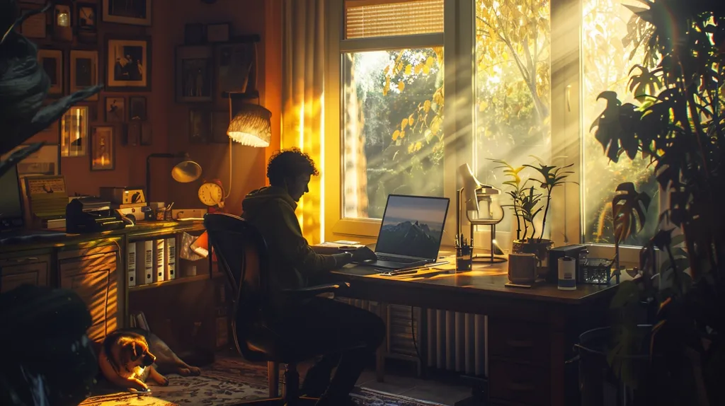 A person sits at a desk by a window, working on a laptop. The sun shines through the window, casting warm light on the room.  The person is silhouetted against the light. There is a dog lying on the floor to the left of the desk. The room is decorated with framed pictures and plants. There are some binders on a shelf. The overall feeling is one of calm and productivity.