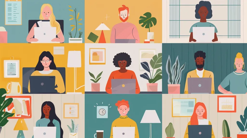 The image shows a grid of nine squares, each featuring a different person working on a laptop in a home office setting.  The people are diverse in race and gender, and their backgrounds are decorated with plants, lamps, and artwork.  The image celebrates the diversity of modern work and the rise of remote work.