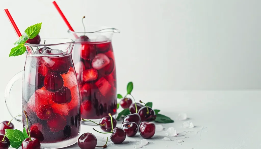 Two glass pitchers filled with a refreshing cherry drink, adorned with red straws and ice cubes. Fresh cherries and green leaves scatter around the pitchers on a white surface. The drink is a vibrant red, inviting and delicious, perfect for a summer day.