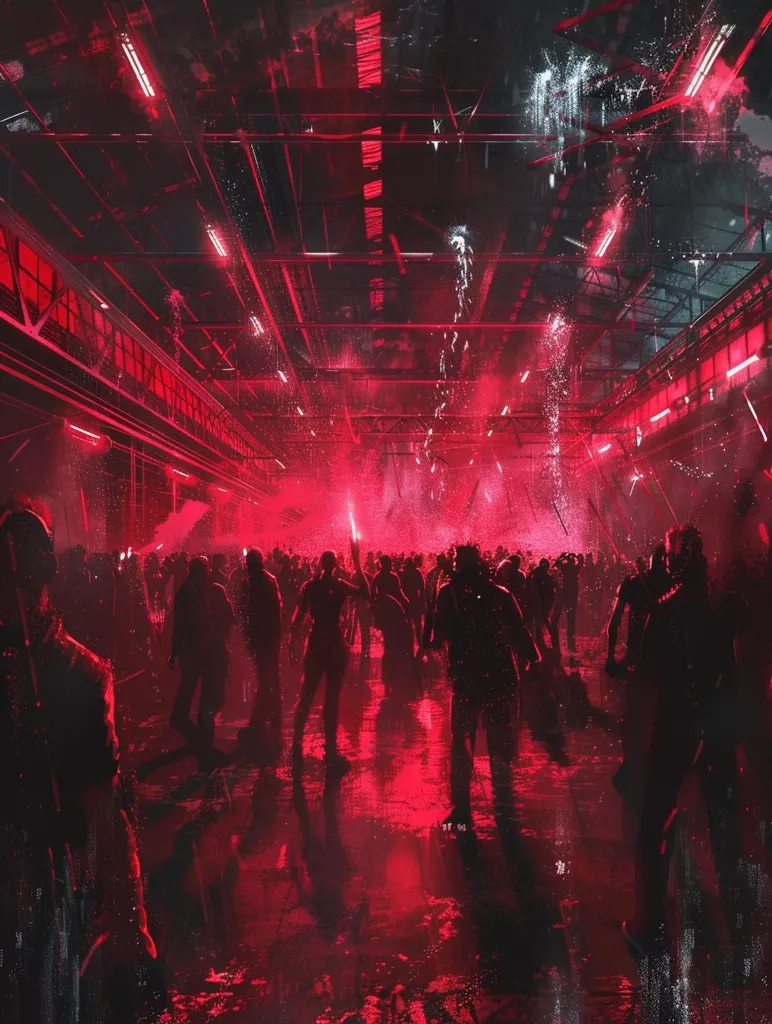 A large crowd of people stand in a vast, industrial space bathed in a red glow. The ceiling is crisscrossed with beams and wires, and the ground is wet and reflective. The people are silhouetted against the light, their faces obscured. The atmosphere is tense and ominous.  The overall effect is one of mystery and intrigue, suggesting a clandestine gathering or an event of great significance.