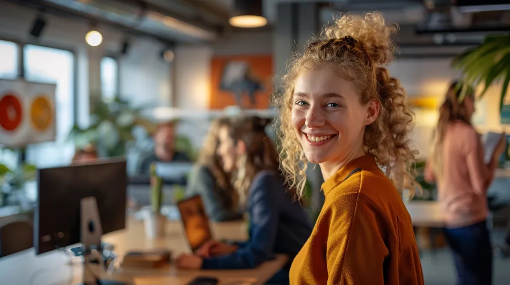 A young woman with curly blonde hair smiles directly at the camera. She is wearing a mustard yellow sweater and is sitting at a desk in an office setting. Her colleagues are blurred in the background, working on their laptops. The room is bright and modern.