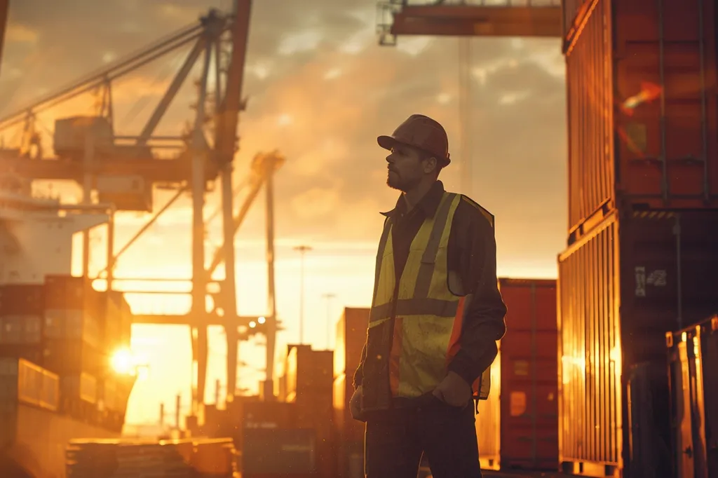 A lone worker, wearing a hard hat and safety vest, stands against a backdrop of shipping containers and a large crane. The sun is setting, casting a golden glow over the scene. The worker is looking off into the distance, perhaps contemplating the day's work or the vastness of the ocean beyond. The image captures the solitude of a working life at the port.
