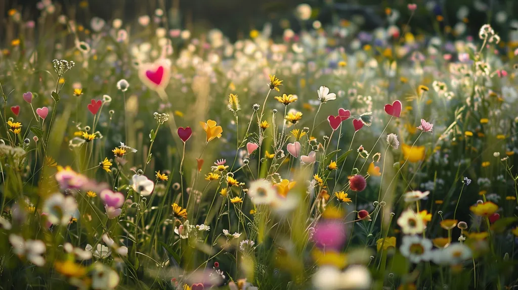 A field of wildflowers in full bloom, with a variety of colors and textures. The flowers are mostly pink, yellow, and white, and they are interspersed with green grass and leaves. The background is a soft blur of green and brown, creating a sense of depth and tranquility.  Small red heart-shaped decorations are strung between the flowers, adding a playful touch to the scene. The overall effect is one of natural beauty and joy.