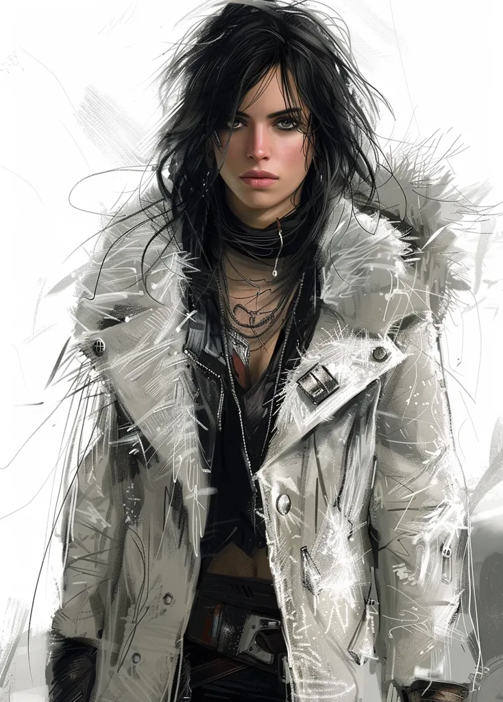 A woman with long black hair and dark eyes is dressed in a white, fur-trimmed coat. She has a black choker around her neck and is wearing a black leather jacket underneath. Her expression is serious and she appears to be in a cold climate. The background is a blurry white, suggesting a snowy or icy environment. The image is rendered in a stylized, almost sketched style.
