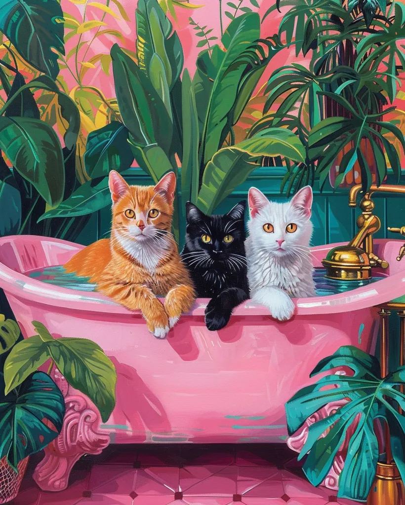 Three cats, one orange, one black, and one white, are sitting in a pink bathtub. The cats are all looking at the viewer. The bathtub is surrounded by lush green plants and a gold faucet. The background is a pink wall. The cats are in a relaxed and happy mood.