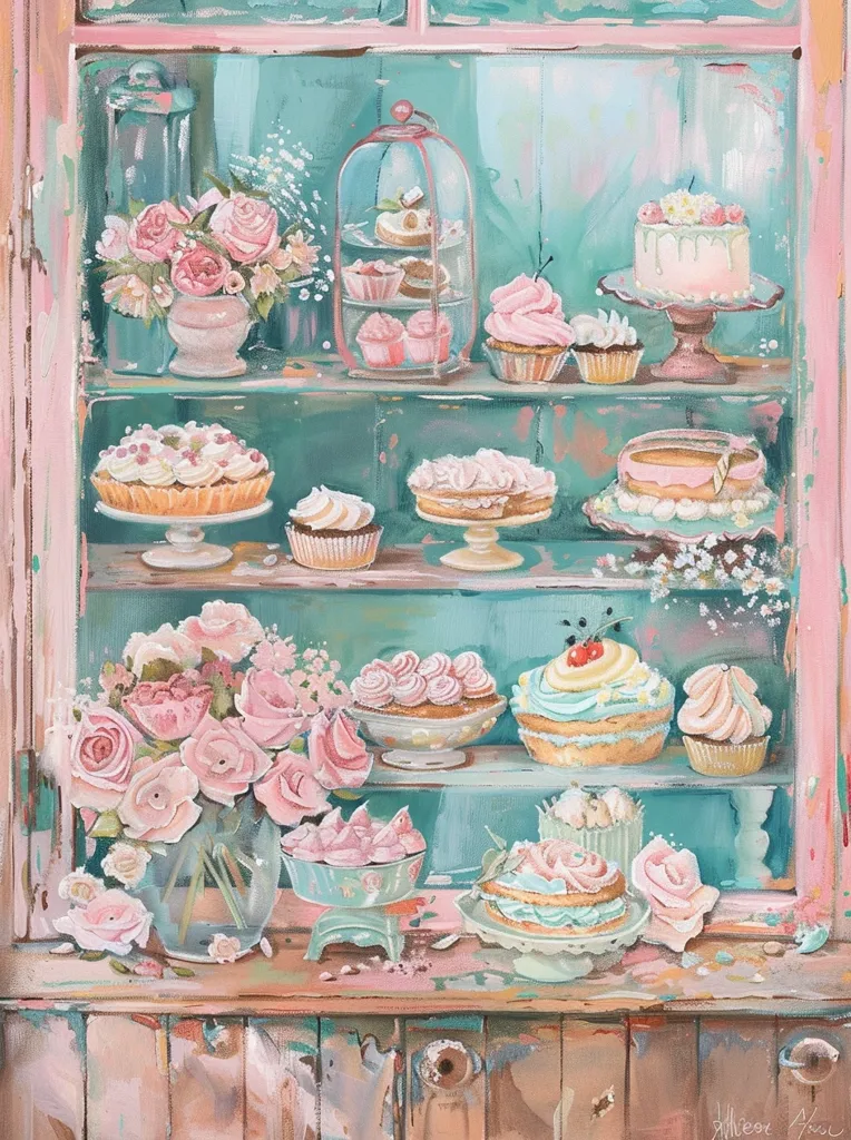 A vintage, shabby chic cabinet filled with an assortment of cakes and cupcakes. The cabinet is painted a light blue and the shelves are filled with delicate pastel-colored treats. There are pink roses in a vase on the bottom shelf, creating a romantic and whimsical atmosphere. The overall tone of the image is light and airy, with a focus on sweetness and indulgence.