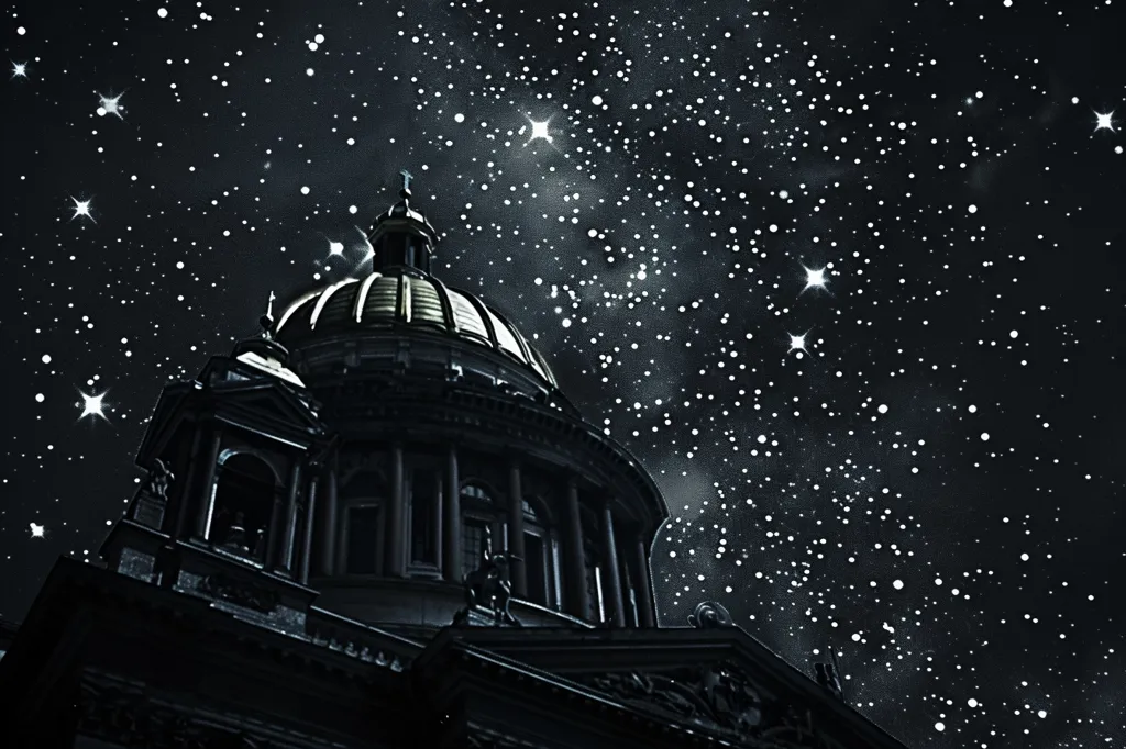 The image shows a large building with a dome, likely a capitol building, silhouetted against a starry night sky. The sky is filled with countless stars, some brighter than others, creating a dramatic and majestic scene. The building's silhouette is sharp and defined, emphasizing its grandeur against the backdrop of the night sky. The image evokes a sense of awe and wonder, highlighting the vastness of the universe and the enduring power of human architecture.