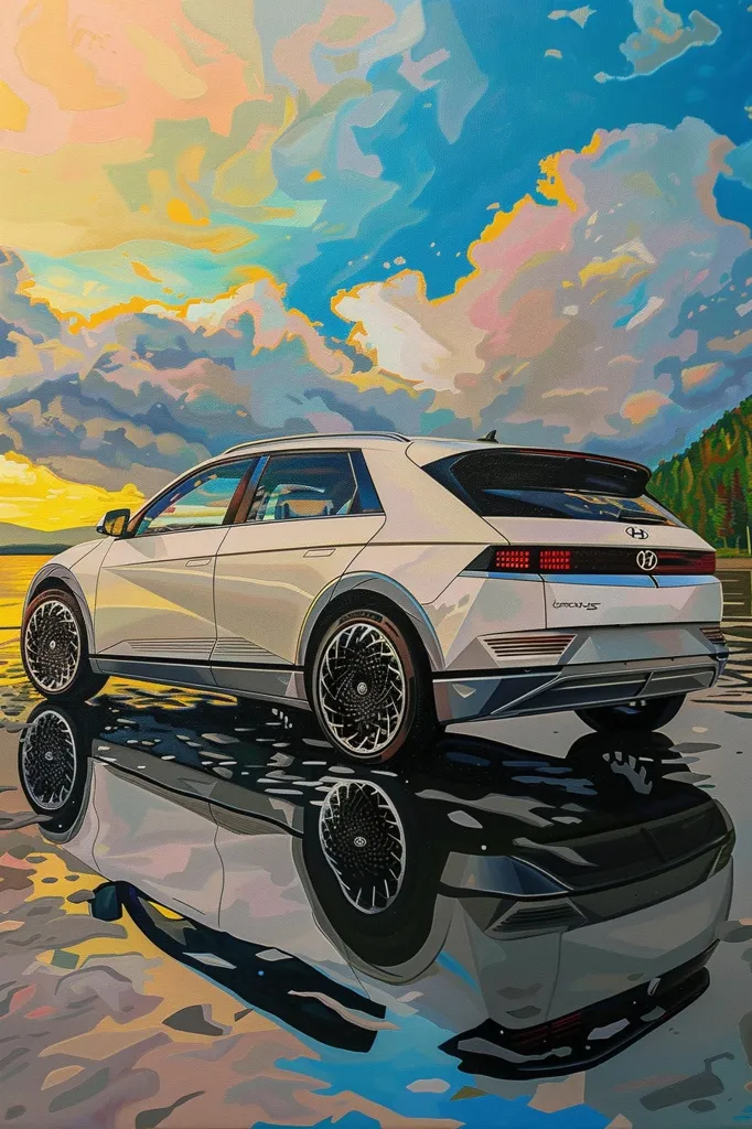 A white Hyundai Ioniq 5 is parked on a reflective surface, possibly water, under a bright, colorful sky. The car's reflection is visible in the water, creating a symmetrical image. The sky is a vibrant mix of blue, yellow, and pink, with puffy clouds scattered across it. The scene is depicted in a stylized, painterly style.  The car appears to be a futuristic model with sleek lines and a sporty design.